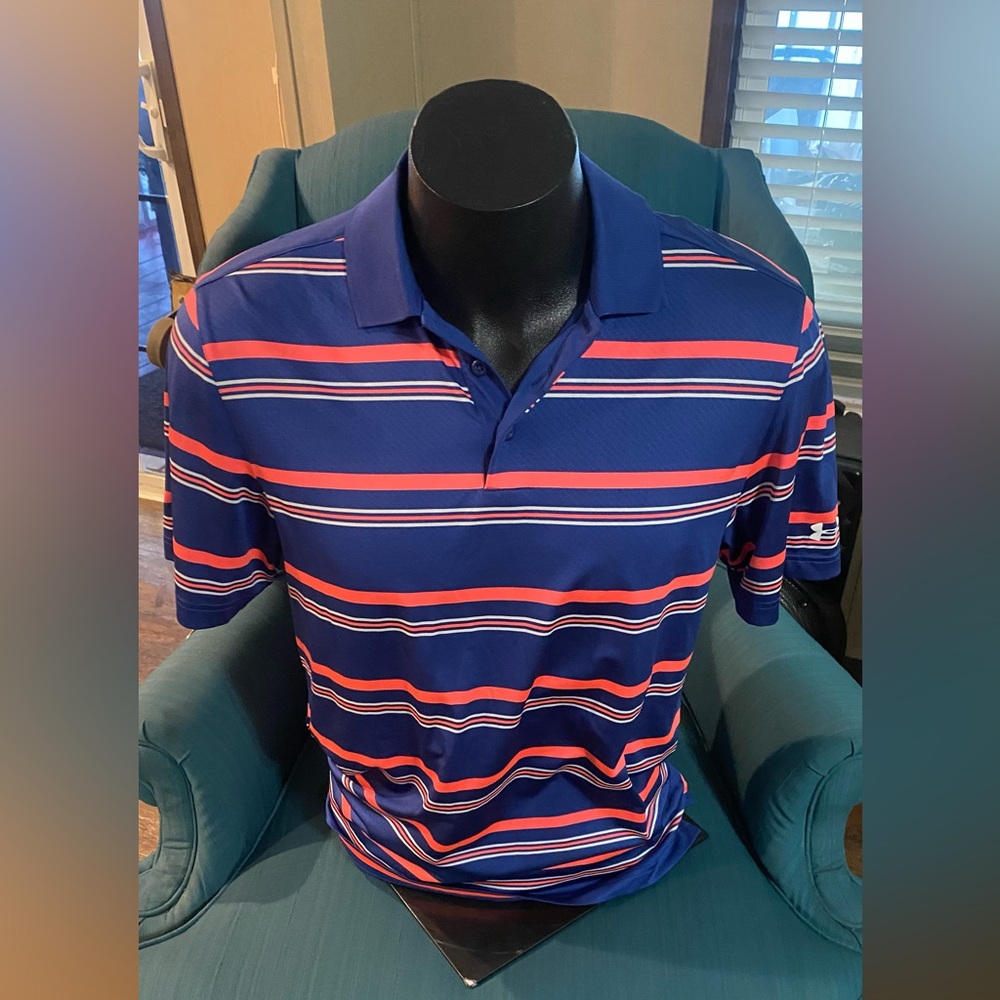 Men's Underarmour Blue and Orange Striped Polo Shirt, Size Medium